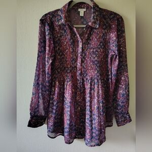 Spense Red Sheer Boho Paisley Fairy Whimsical Pleated Flowy Tunic Top Small